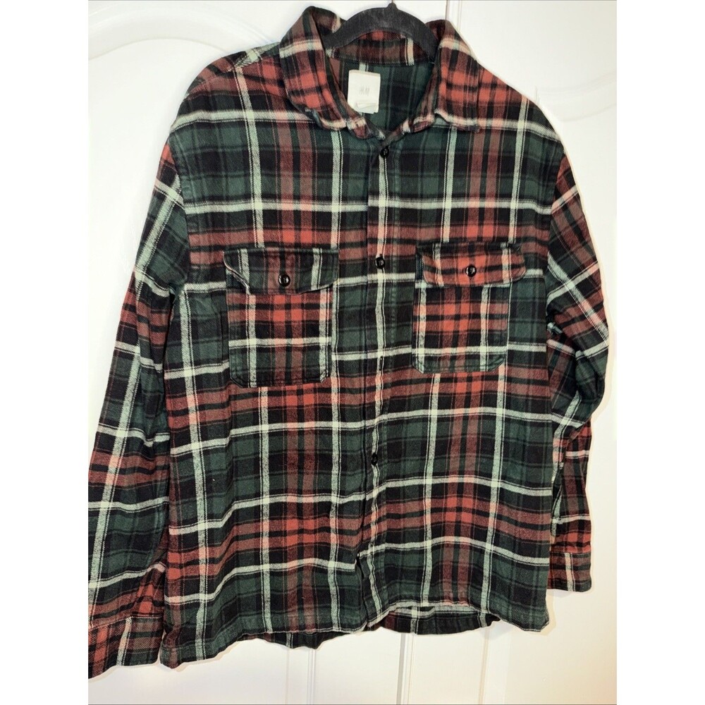 H&M Mens Button Plaid Flannel Shirt Shacket Heavyweight Red Blue Large Cowboy